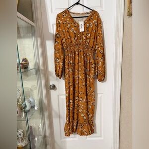 Floral Long Sleeve Dress in Warm Mustard